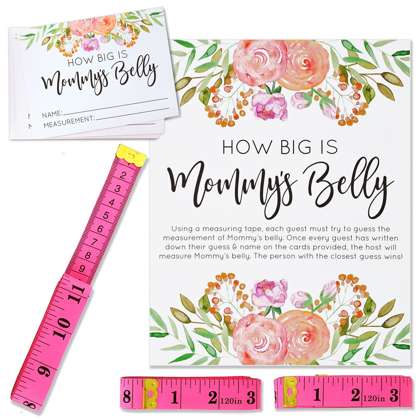 Baby Shower How Big is Mommys Belly Game with 24 Cards, 3 Pink Measuring Tapes, 1 Sign (28 Piece Set)