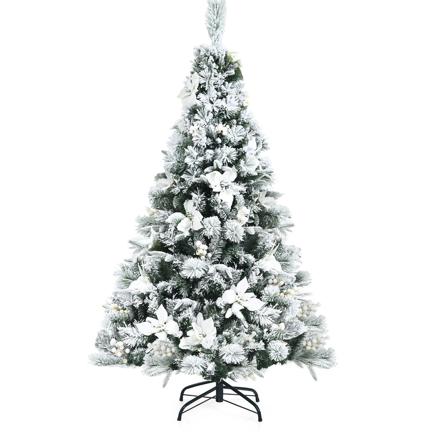 Costway 5ft/6ft/7ft/8ft Snow Flocked Hinged Christmas Tree w/ Berries &#x26; Poinsettia Flowers