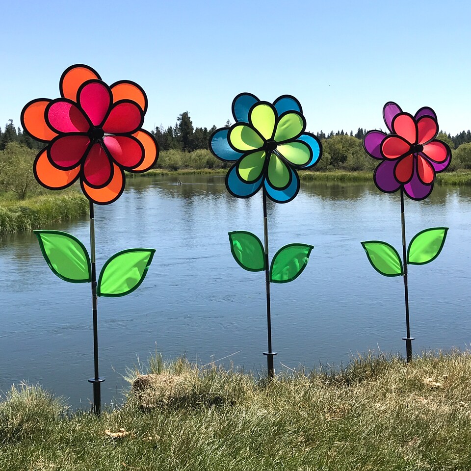 In the Breeze 14 Inch Neon Colorblock Double Flower Spinners - 3 Pack - Colorful Wind Spinners for your Yard and Garden