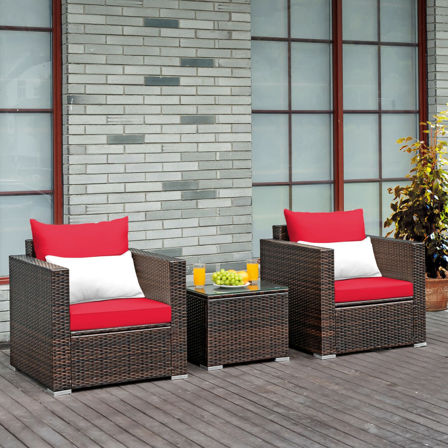 Costway 3PCS Patio Rattan Furniture Set Conversation Sofa