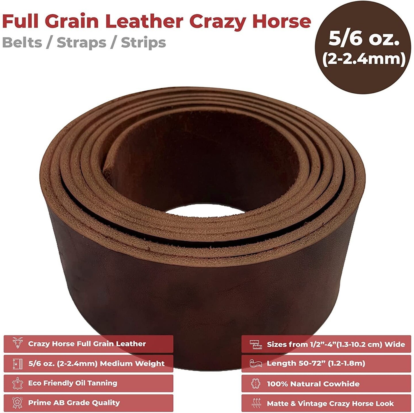1.75&#x22;x72&#x22; (4.5x183cm) ELW 5-6 oz (2-2.4mm) 72&#x22; Length, Straps, Belts, Strips Full Grain Leather Crazy Horse Belt Medium DIY Craft, Pet Collars, Blanks, Accessory, Jewelry, Wrapping
