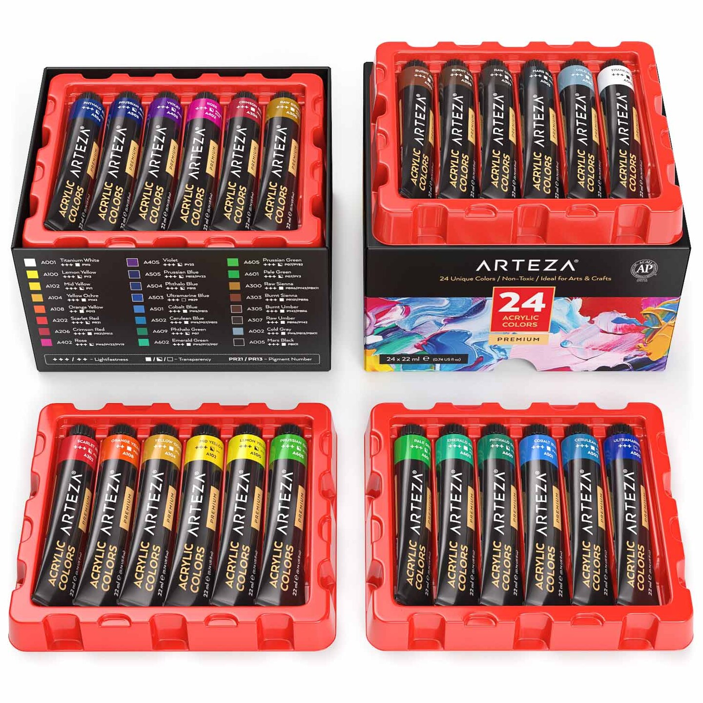 Arteza Premium Acrylic Artist Paint Set, 22ml Tubes, Assorted Colors, Non-Toxic - 24 Pack