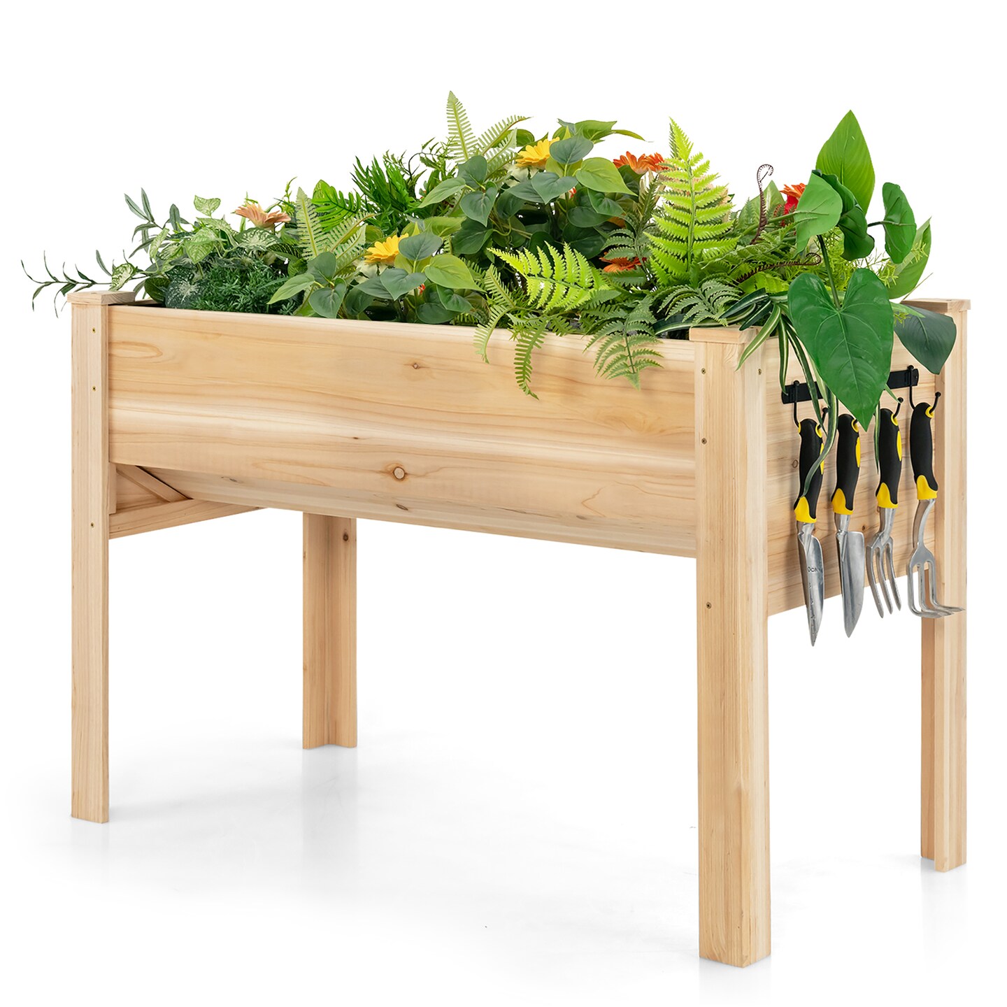 Costway 48'' Wood Raised Garden Bed w/Tool Hook Elevated Planter Stand w/Funnel Design