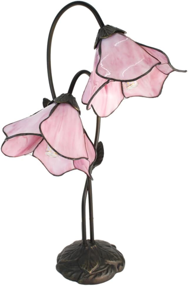 Twin Pink Lily Tiffany Stained Glass Shade &#x26; Lamp Base - Perfect for a Living Room, Bedroom, Office, &#x26; More