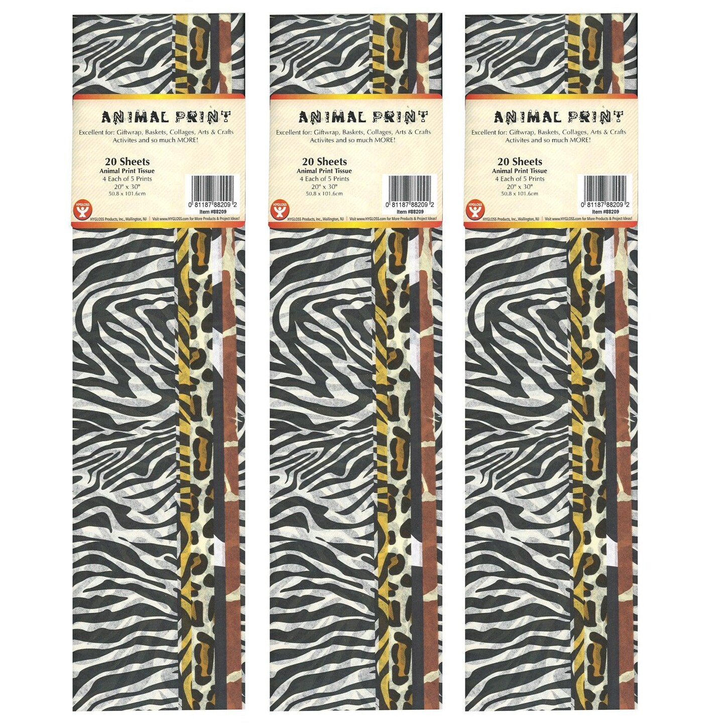 Tissue Paper, Animal Print Assortment, 20" x 30", 20 Sheets Per Pack, 3 Packs