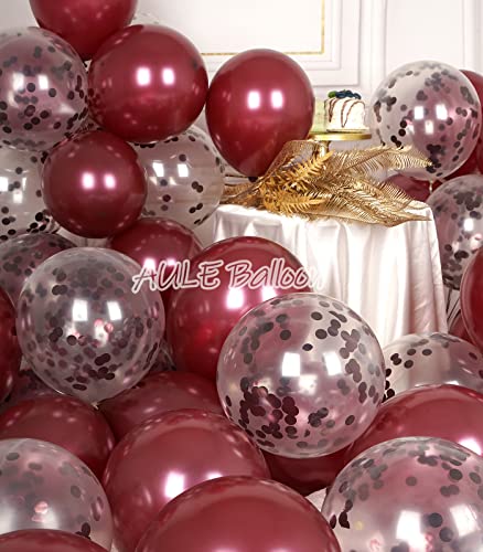 42 Pack Party Balloons - Metallic Burgundy and Confetti Latex Helium Balloons with 64ft Ribbons | 12 Inch Maroon Chrome Balloon Decoration Set