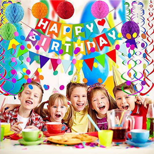 Colorful Happy Birthday Banner with Paper Triangle Flags, Bunting, Circle Confetti Dots, Hanging Garland, Honeycomb Balls, and Swirl Streamers for Birthday and Baby Shower Party Decorations