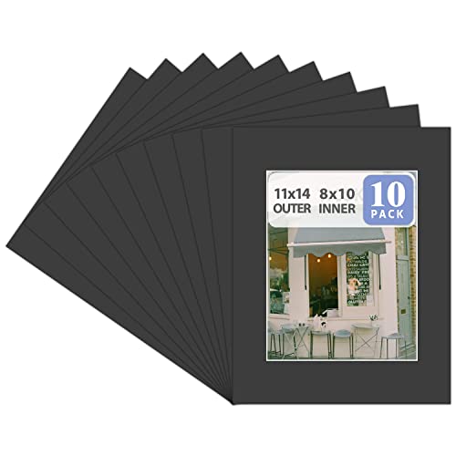 Pack of 10, Acid-Free Black Pre-Cut 11x14 Picture Mat for 8x10 Photo with White Core Bevel Cut Frame Mattes