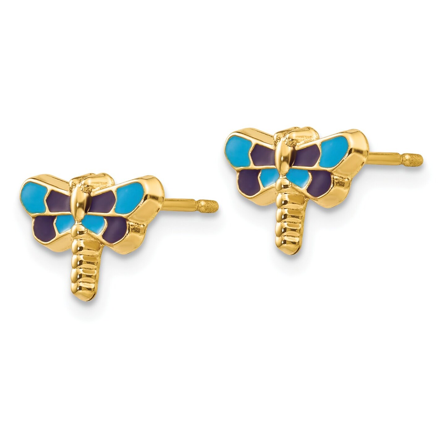 14K Gold Mini Blue Dragonfly Stud Earrings Jewelry 7mm x 11mm