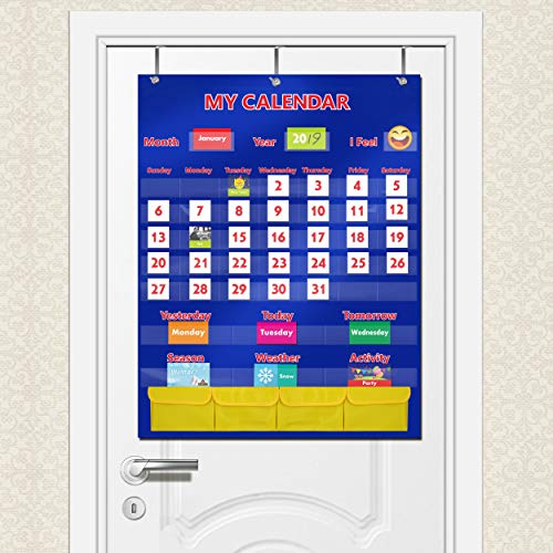 Calendar and Weather Pocket Chart with 148 Cards 108 Illustrated Activity Cards 40 Dry Erasable Flash Cards and 3 Hooks 28 x 35.5 Inches