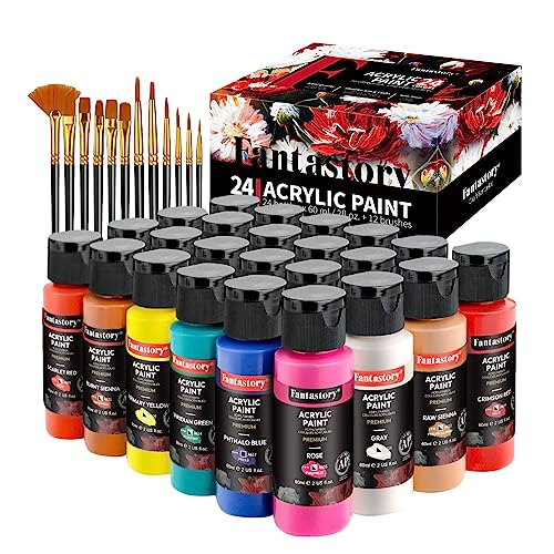 24-Color Acrylic Paint Set (2oz/60ml) Professional Craft Paint Art Supplies Kit for Adults and Kids Includes 12 Brushes for Painting Canvas, Fabric, Rock, Glass, Stone, Ceramic, Model, and Wood