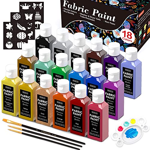 Fabric Paint, Shuttle Art 18 Colors Permanent Soft Fabric Paint in Bottles (60ml/2oz) with Brushes, Palette, Stencils, Non-Toxic Textile Paint for T-shirts, Shoes, Jeans, Bags, DIY Projects&#x26;Art Crafts