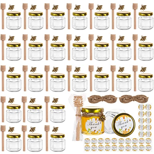 1.5 oz Hexagon Mini Glass Honey Jars with Wood Dippers,30 Pack Small Honey Jars with Gold Lids,Bee Pendants,Jutes,35 Bee Stickers,Perfect for Baby Shower,Wedding Favors,Party Favors