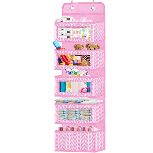 VERONLY Over the Door Hanging Organizer with 5 Large Pockets - Wall Mount  Pantry Storage with 2 Big Metal Hooks for Baby Girl's Diapers  Closet,Bathroom,Nursery,Bedroom,Dorm,Baby,Kids Toys (Pink)