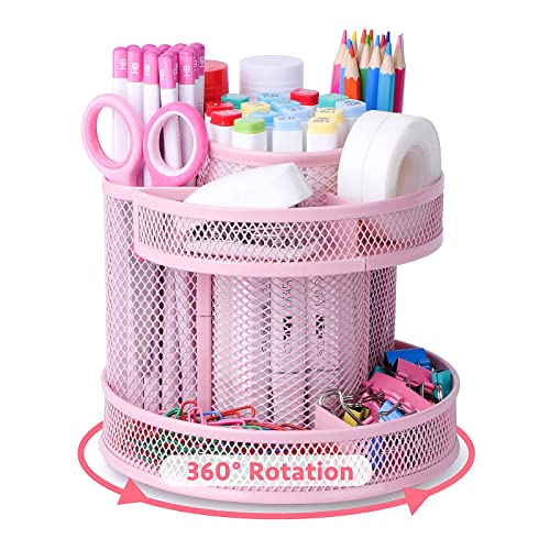 Cute Rotate Desk Organizer, Kawaii Mesh Desk Accessories Pen Holder  Stationery Carousel, Spinning Pencil Storage Caddy Tray for School, Home,  Office Supplies - Pink