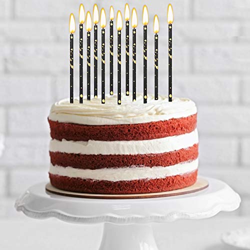 24 Pieces Birthday Candles Long Thin Cake Candle Cupcake Candles for Birthday Wedding Anniversary Graduation Retirement Party Decoration (Black Gold)