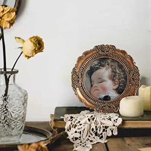 VINLIFE Vintage Picture Frames 3x3 Small Round Picture Frames 3x3 Antique Mini Picture Frames Ornate Picture Frames Collage Wall Mount and Tabletop Embossed Floral Bronze Gold