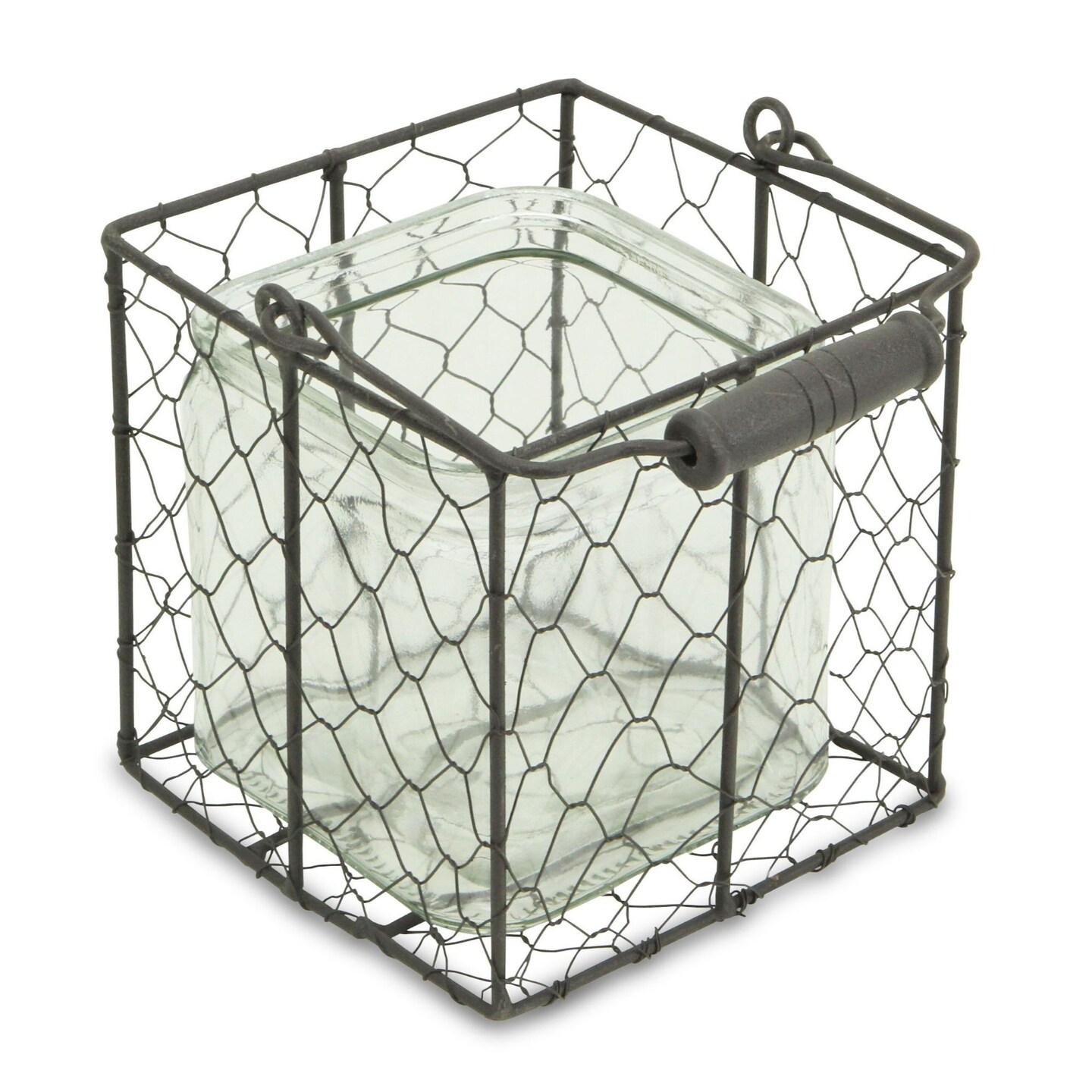 Contemporary Home Living 5.5" Clear Square Glass Jar in Wire Basket with Handle