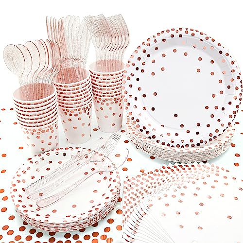 hapray Rose Gold Party Supplies, (Serves 24) Disposable Paper Plates, Napkins, Cups, Knives, Spoons, Forks, Tablecloth, Baptism Decorations, Baby Shower Birthday Bridal Mothers Day