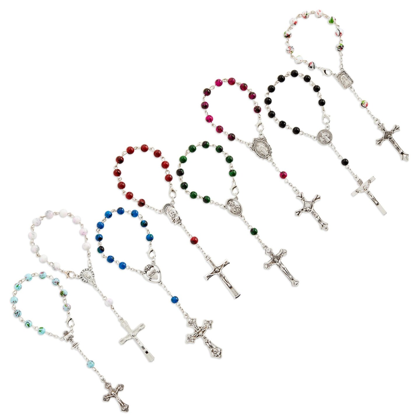 24 Pack Small Catholic Rosary Bracelet for Women and Men - Prayer Beads for Baptism Christening, Prayer Room, Altar, Bulk Pack (8 Colors &#x26; Crucifix Designs)