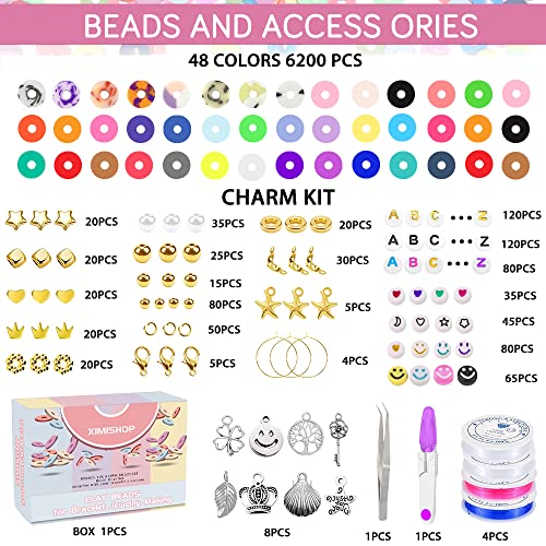 XIMISHOP 7200 Pcs Clay Beads Kit for Bracelet Making, 48 Color Polymer Flat Clay Beads Spacer Heishi Letters Beads Kit with Charms Kit for Jewelry Making Crafts Gifts Set for Teen Girls Adults