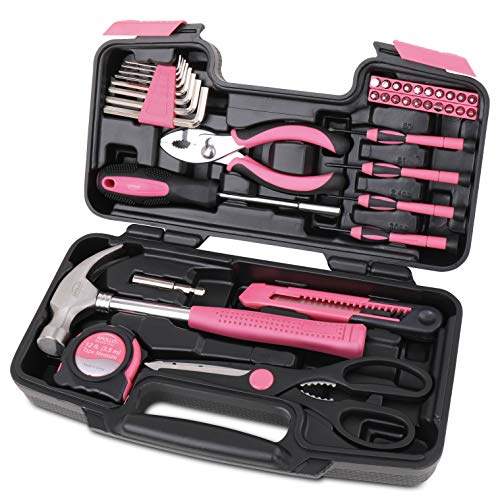 Tools Original 39 Piece General Household Tool Set in Toolbox Storage Case with Essential Hand Tools for Everyday Home Repairs, DIY and Crafts - Pink Ribbon - Pink - DT9706P