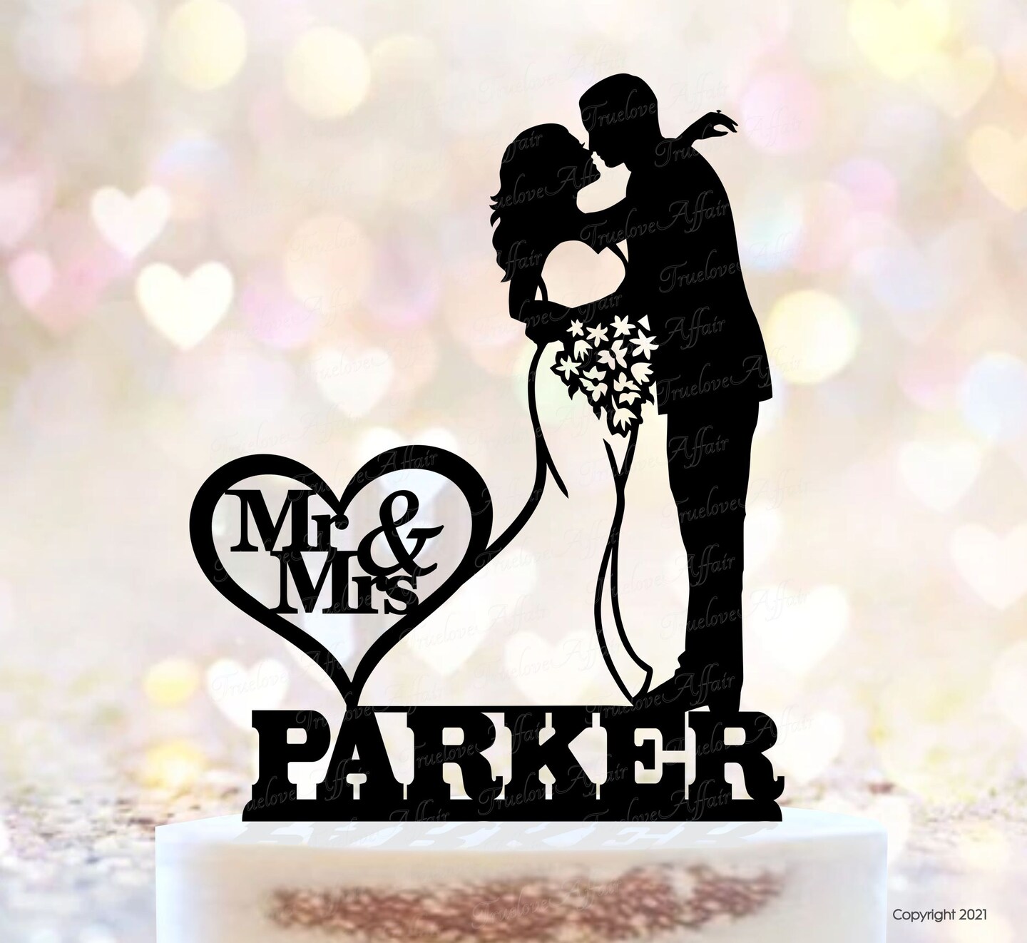 Silhouette Wedding Cake Topper of Bride and Groom with Name Detailed