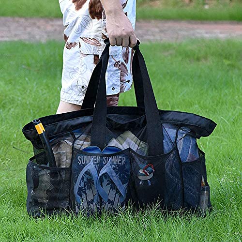 Extra Large Mesh Beach Bag with Zipper and Pockets - Oversized Duffle Tote for Towels and Beach Toys, Ideal for Family Beach/Pool Trips (Black)