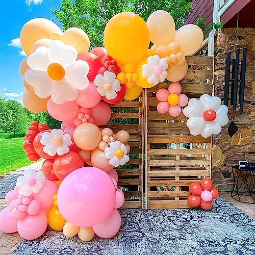 155Pcs Daisy Balloon Arch Garland Kit - Macaron Pink, Yellow, Retro Orange, White Heart Balloons, with Plum Clip and Daisy-Shaped Flowers for Groovy Party Decor, Daisy Theme Wedding, Birthday, and Baby Shower
