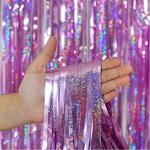 2-Pack Tinsel Foil Fringe Curtains - 3.2 ft x 8.2 ft, Metallic Foil Backdrops for Party Photo Booth Props and Decoration, Pinkish Purple