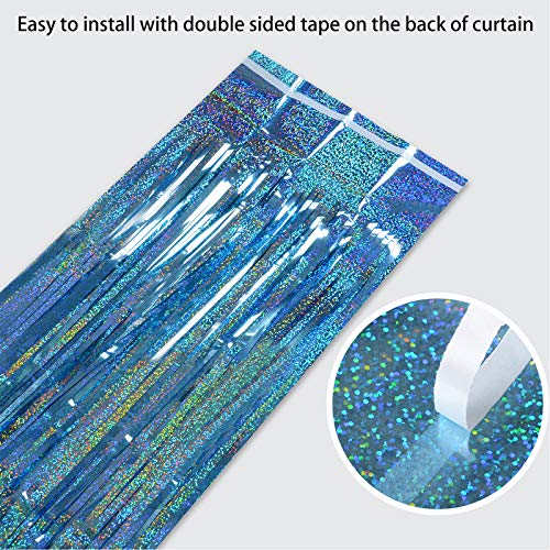 2 Pack 3.2 ft x 8.2 ft Tinsel Foil Fringe Curtains Backdrop, Sparkle Metallic Foil Curtains for Party Photo Booth Props Decoration, Light Blue