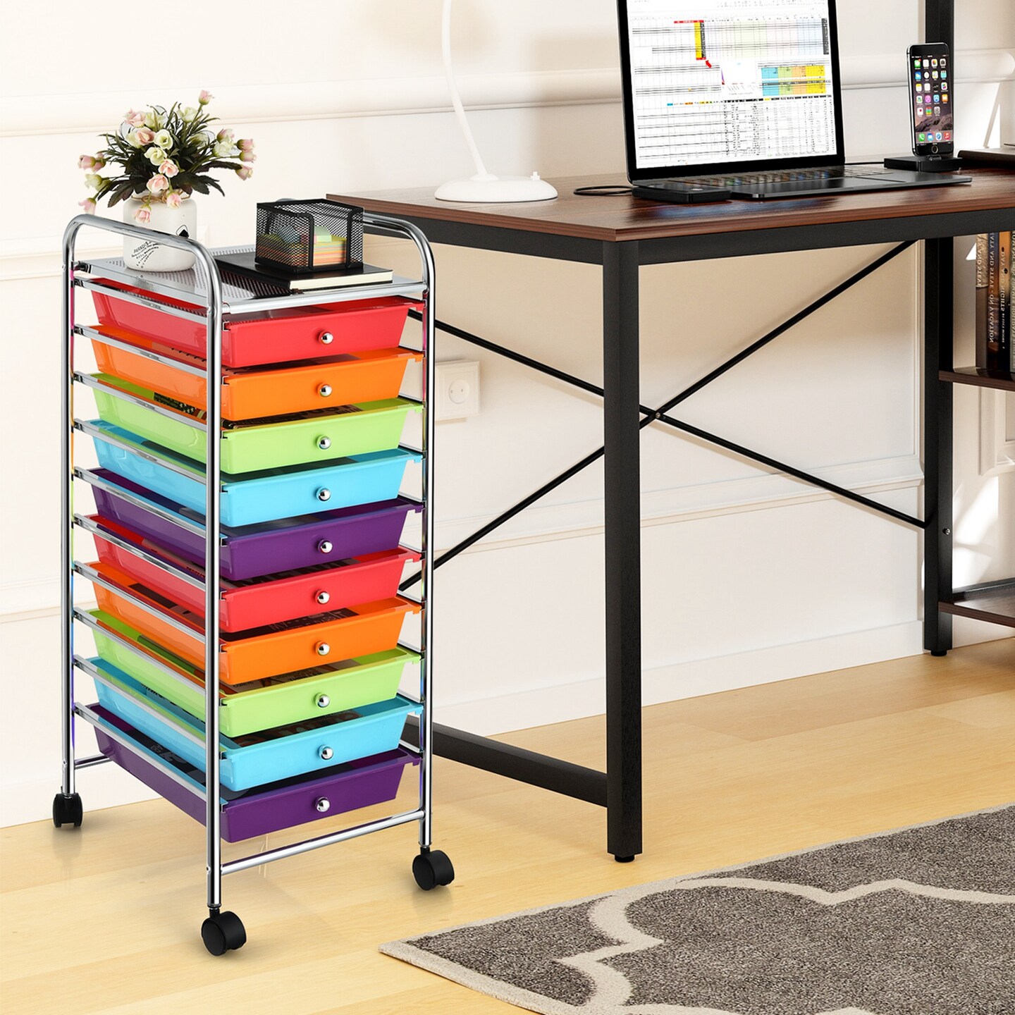 Costway 10 Drawer Rolling Storage Cart Scrapbook Office School Organizer Multicolor