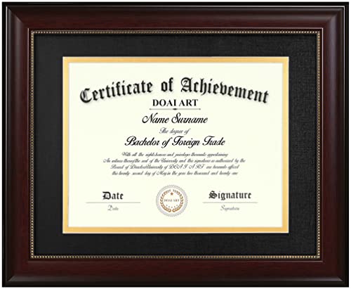 8.5 x 11 Diploma Frame - Classic Mahogany Display with Black Over Gold Mat, Fits 8.5x11-Inch with Mat or 11x14 Document & Certificate Without Mat, Wide Molding with Gold Beads, Includes Hanging Hardware for Wall and Tabletop Display