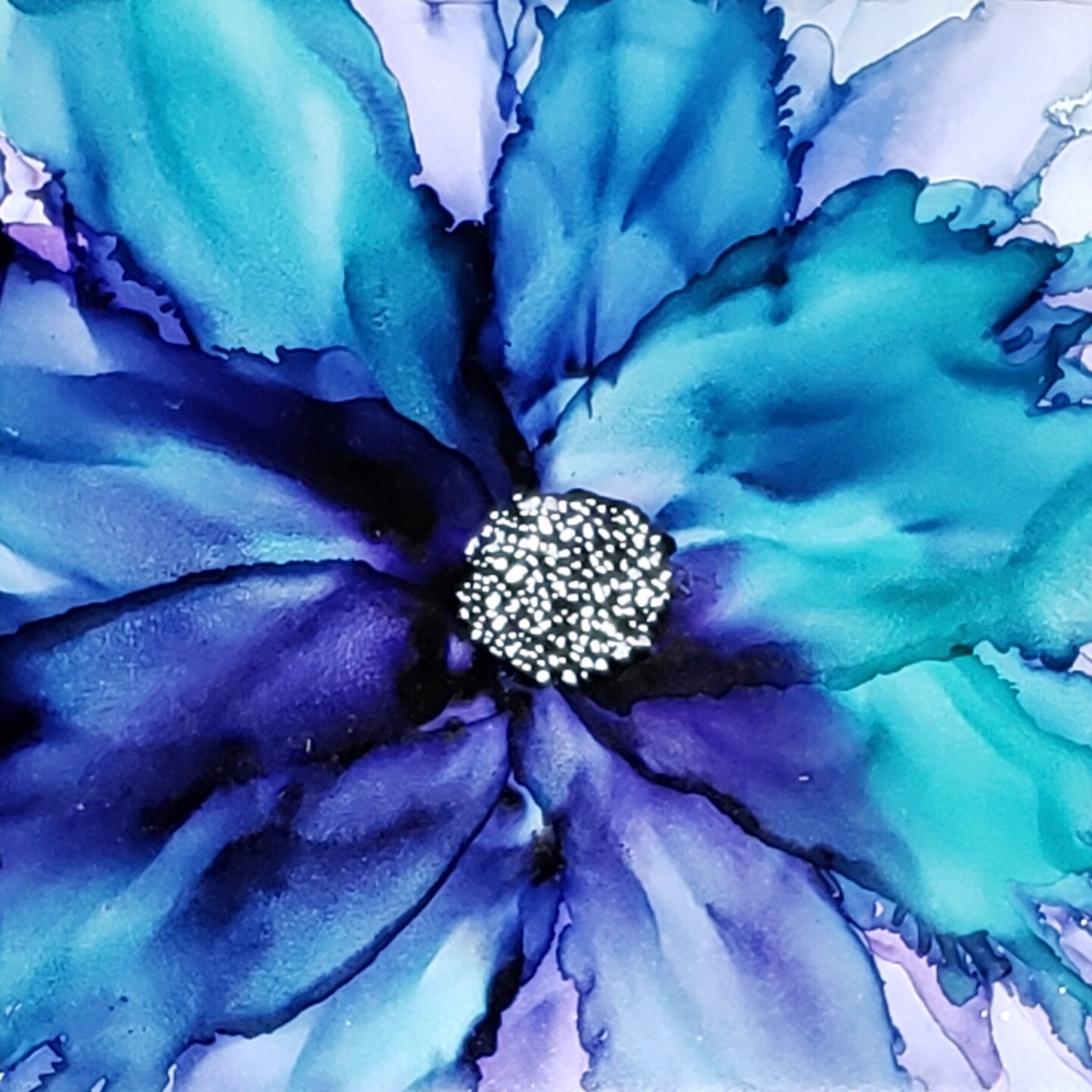 Ceramic tile alcohol ink painting Wall Art with Blue/Turquiose Starburst flower framed shops