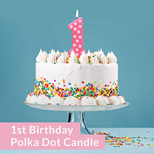 Girl Polka Dot No. 1 Birthday Party Wax Candle For Cake Decorations, 3.25” Tall, Pink & White