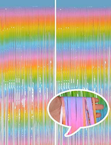 2 Pack Party photo booth decoration backdrop, 3.2 ft x 8.2 ft metallic foil tinsel fringe curtains, rainbow foil curtains
