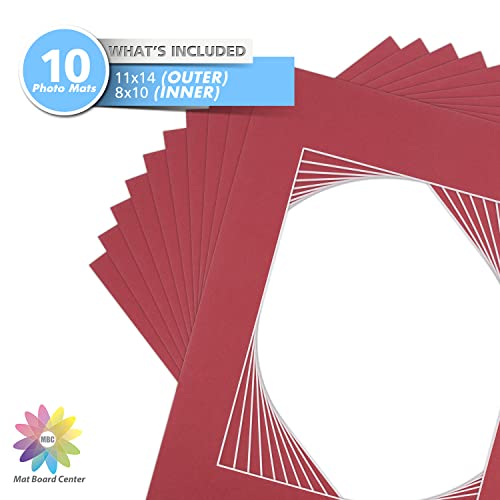 Pack of 10, 11x14 for 8x10 China Red Color Mats - Acid Free, 4-ply Thickness, White Core - for Pictures, Photos, Framing