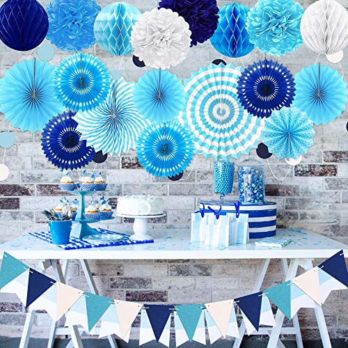 Navy Blue Party Decoration,23Pcs Hanging Paper Fans,Pom Poms Flowers,Garland String Polka Dot and Triangle Bunting Flag Packs for Boy Birthday, Bridal Shower,Baby Boy Showers,Wedding