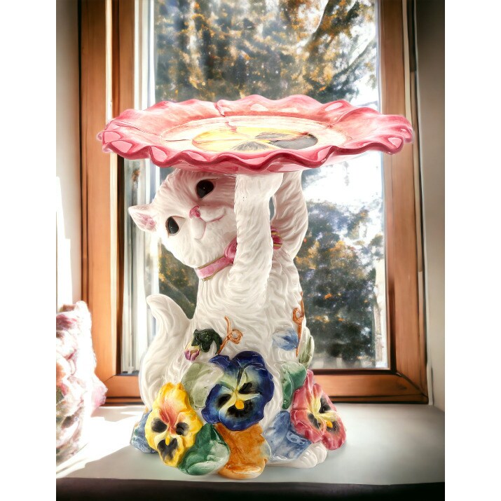 Ceramic Pansy Flower Cat Pillar Candle Holder Home