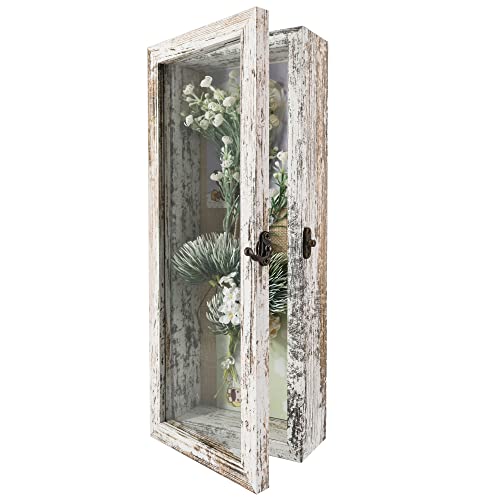 GraduationMall 5x12.5 Wood Shadow Box Frame Glass Door Display Case with  Linen Back and 6 Stick Pins,1.5 inches Interior Depth,Ideal for Memorabilia  Pictures Flowers Medals Tickets Rustic White