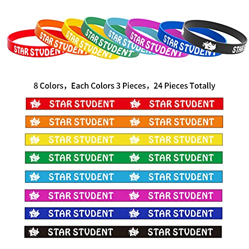 24PCS Star Student Wristbands-Color Star Student Silicone Bracelets,Star Student rubber Bracelets for School Classroom Teacher Recognition Award, Sports Office Education Activities Kids