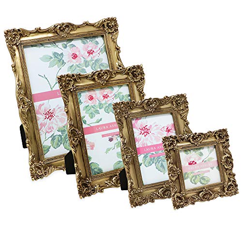 Laura Ashley 4x4 Gold Ornate Textured Hand-Crafted Resin Picture Frame with Easel &#x26; Hook for Tabletop &#x26; Wall Display, Decorative Floral Design Home Decor, Photo Gallery, Art, More (4x4, Gold)