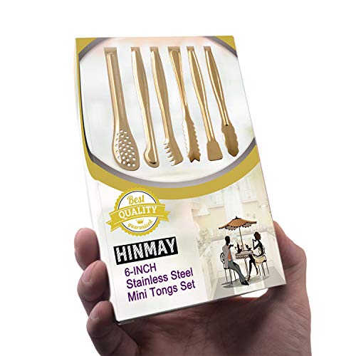 Gold Plated Mini Serving Tongs Set 6-Inch Appetizers Tongs Stainless Steel Small Sugar Cube Tongs Ice Tongs, Set of 6