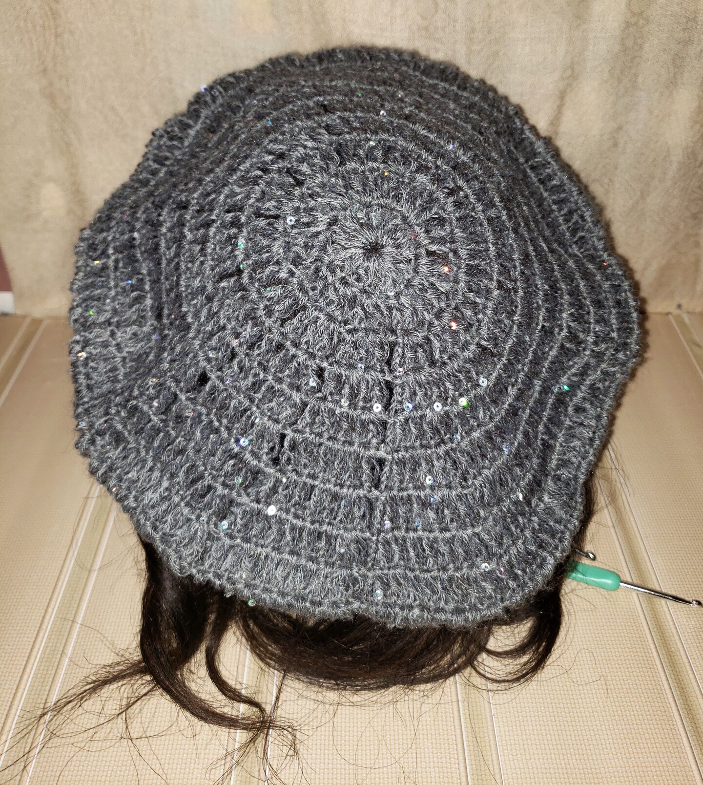 Stylish, Sequined, Wool, Mohair and Acrylic Crochet Beret 