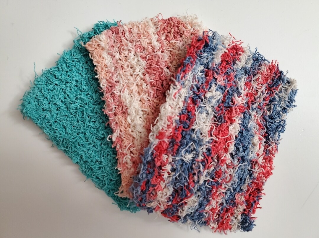 product name is Reusable Knitted Cotton Dish Scrubbers