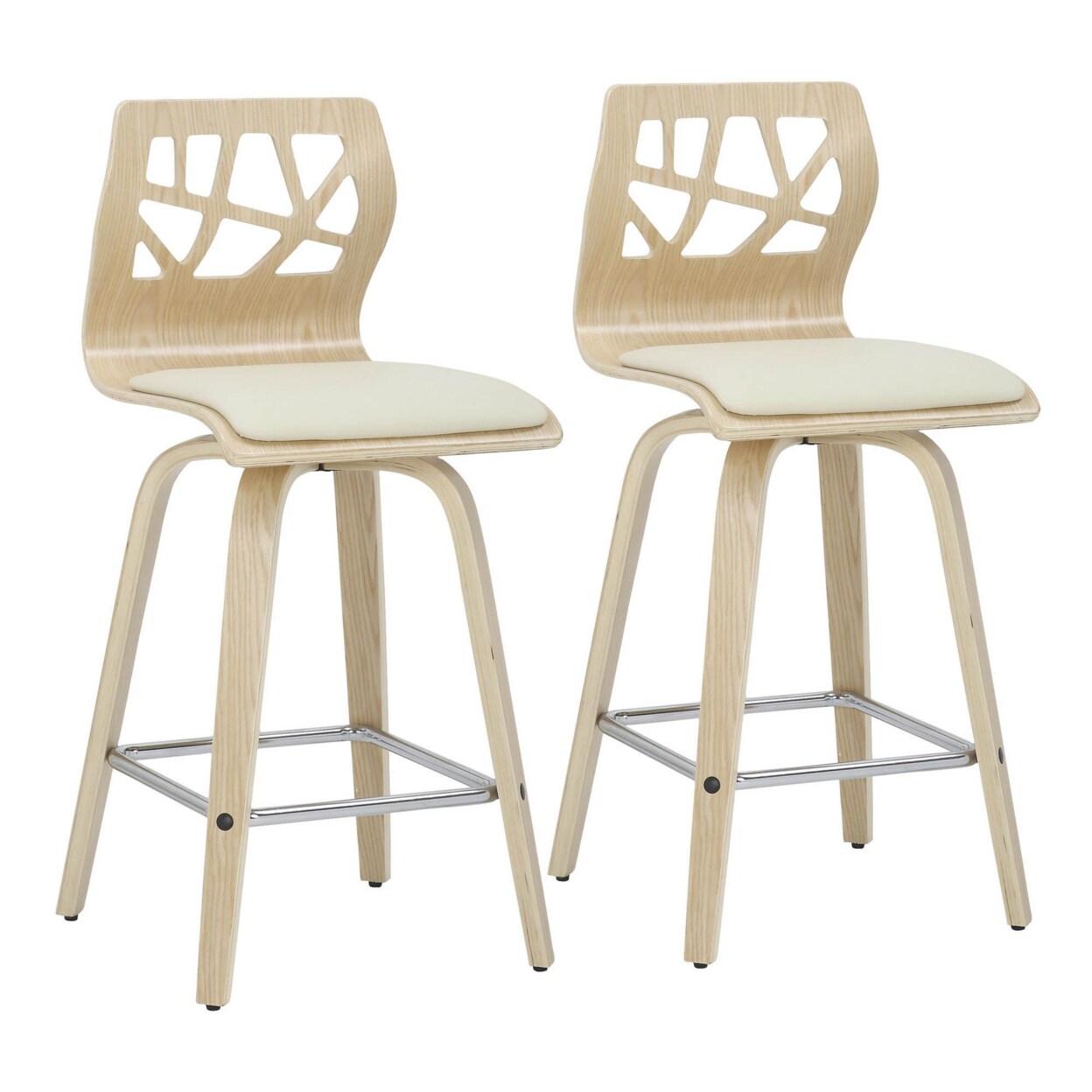 Lumisource Folia Mid-Century Modern Counter Stool In Natural Wood, Cream Faux Leather, And Chrome Footrest - Set Of 2