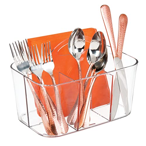 Plastic Cutlery Storage Organizer Caddy Bin Tote with Handle - Kitchen Cabinet Divided Pantry Basket for Forks, Knives, Spoons, Napkins, Indoor/Outdoor Use, Lumiere Collection, Clear