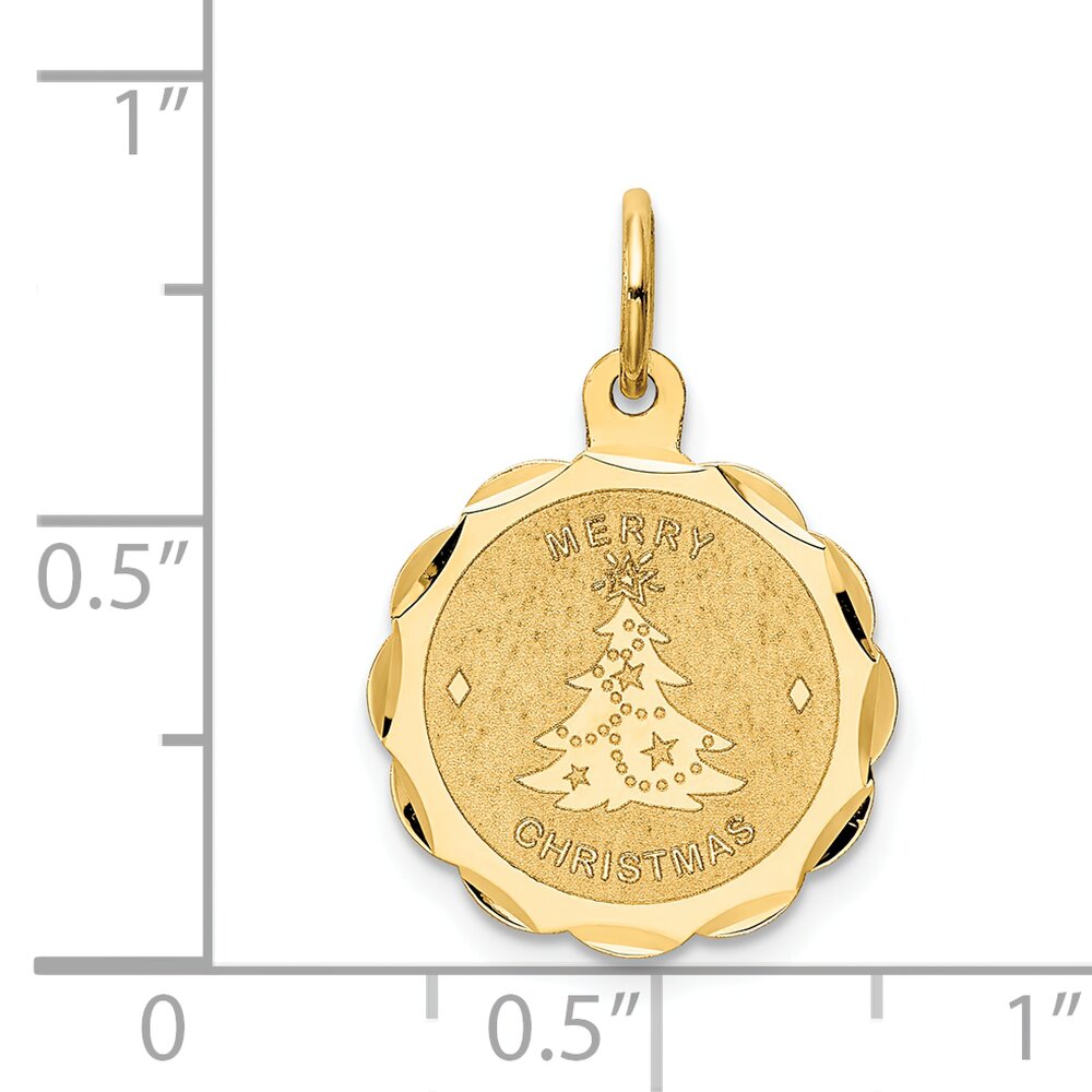 14K Yellow Gold Merry Christmas Tree Disc Charm Pendant Jewerly 21mm x 15mm