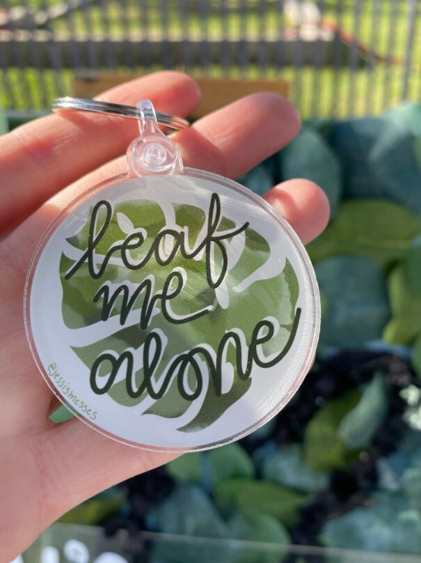 Leaf Me Alone Keychain, acrylic round accessories, punny gift, plant lady,  keep away keyring, monstera leaf, MakerPlace by Michaels - Main Image