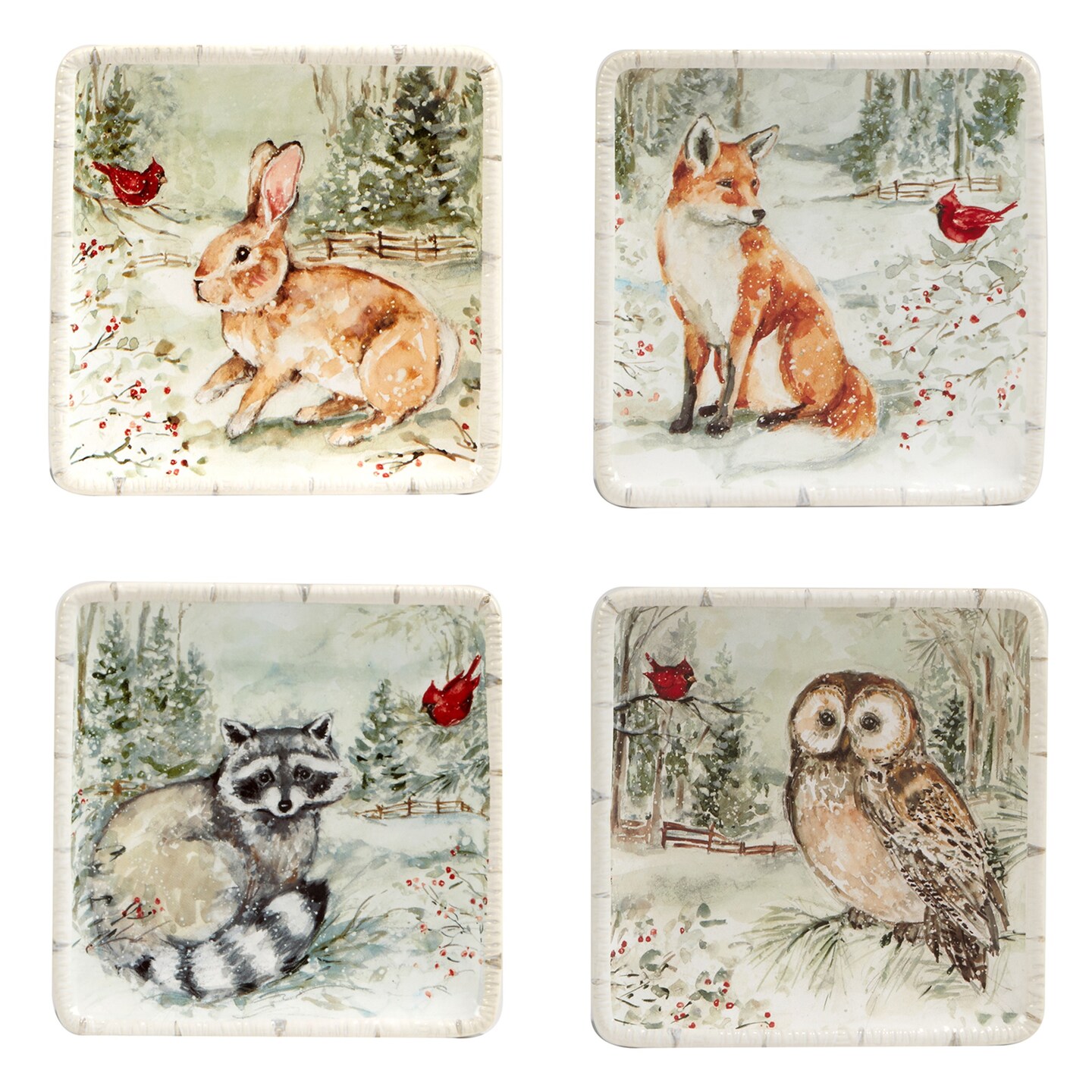 Certified International Set of 4 Forest Animals Christmas Square Canape Plates 6"